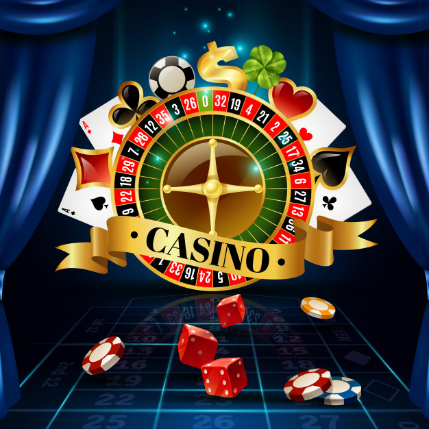 Casino, rouletthjul, spelkort, spelmarker och tärningar